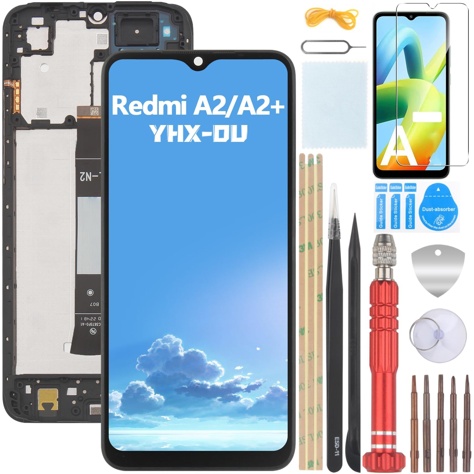 YHX-OU 6.52 Inch Black + Frame Display for Xiaomi Redmi A2 Redmi A2+ LCD Display Touch Screen Replacement Screen Glass Assembly with Tools + 1 Piece Screen Protector