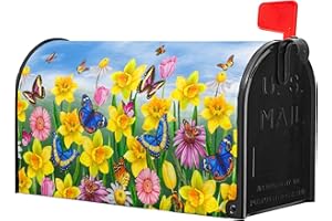 ANYAKO Spring Yellow Flowers Mailbox Cover Welcome Blue Butterfly Summer Mailbox Covers Magnetic Standard Size 21" X 18" Spring Daffodils Mailbox Wrap Post Letter Box Cover Decor for Home Outdoor Yard Garden