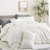 Nayoroom Fluffy Faux Fur Duvet Cover Queen Size Velvet Flannel White Striped Reversible Comforter Cover Winter Warm 3 Pcs Luxury Soft Shaggy Plush Fuzzy Bedding Set with Zipper Closure