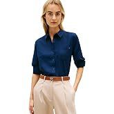 Tommy Hilfiger Women's Lightweight Linen Long Sleeve Button Down Shirt in Regular Fit with Roll Up Sleeve Linen Blouse