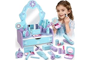 Toyssa Wooden Kids Vanity Set for Girls, Pretend Makeup Play Vanity for Toddlers 3-5, Beauty Salon Play Set Toys with Big Mirror, Princess Birthday for Girls Ages 3 4 5 6 Years Old