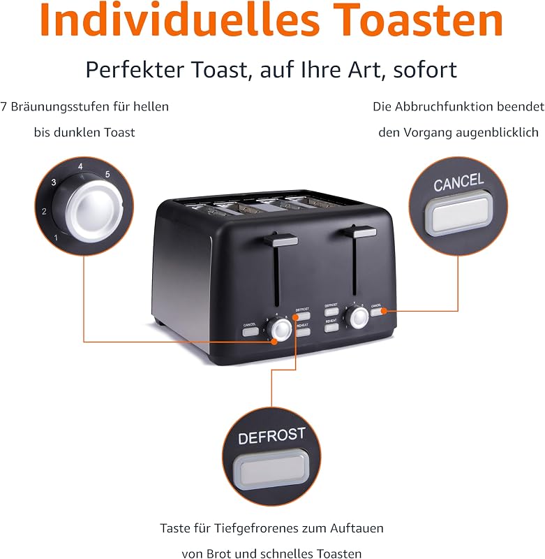 4-Scheiben Toaster mit 7 Bräunungsstufen, Extra Breite Schlitze, Brötchenaufsatz, Herausnehmbare Krümelschublade, 1500W, Schwarz