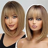EMMOR Ombre Brown Bob Wig with Bangs 15" Short Bob Wigs for Women Heat Resistant Synthetic Wig Natural Looking for Daily Use(Ombre Brown)