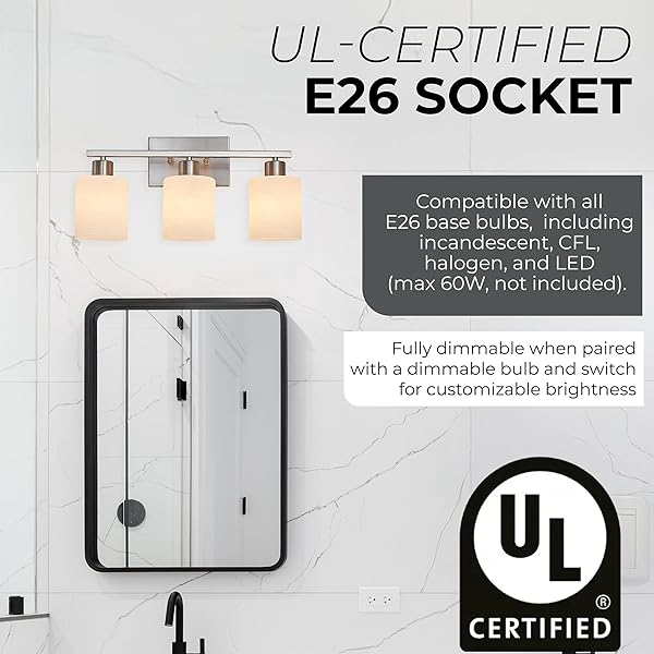 THE DOOR BULL MODERN BATHROOM VANITY LIGHT, MILKY WHITE GLASS SHADES, WALL SCONCE FOR BEDROOM & LIVING ROOM, E26 SOCKET, OVER MIRROR LIGHTING FIXTURE (BRUSHED NICKEL, 3 LIGHTS)