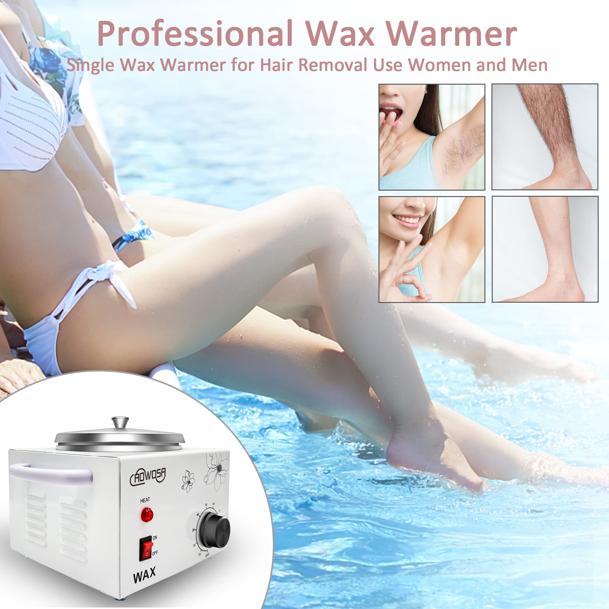 Professional Waxing Kit Wax Warmer Single Pot Wax Heater Machine for Hair Removal, Large Waxing Pot with Non-Stick Easy Clean Pot, 50 Sticks & 20 Collar, for Spa Salon Beauty Esthetician Home(White)