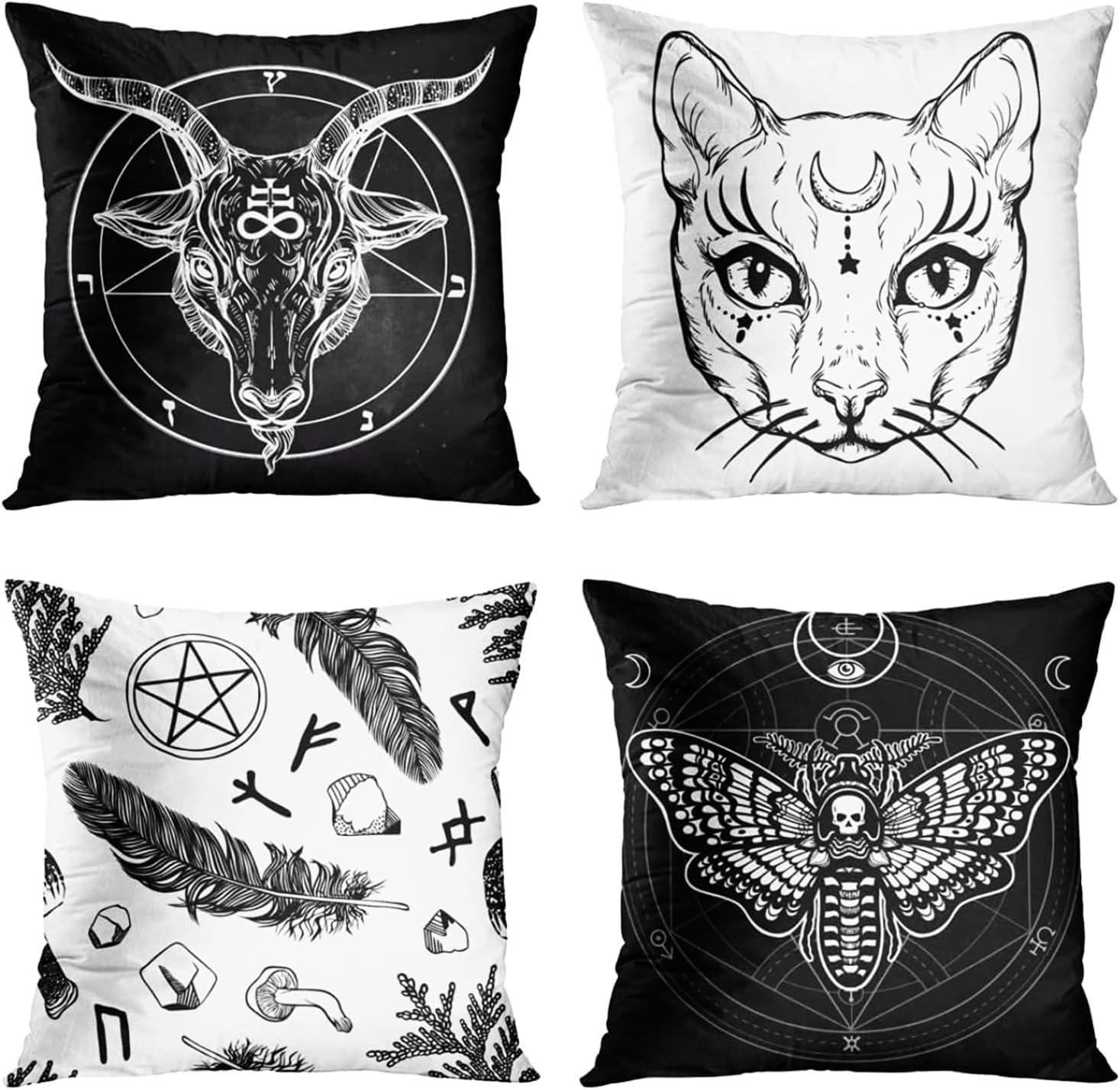 ZHILING Cushion Cover 18x18 inch Home Decor Set of 4 Cushion Covers Decorative for Bed Sofa Cushion Couch Outdoor Capricorn Cat Feather Moth Gothic Cushion Covers 45 x 45 cm (Black and White) — image 1