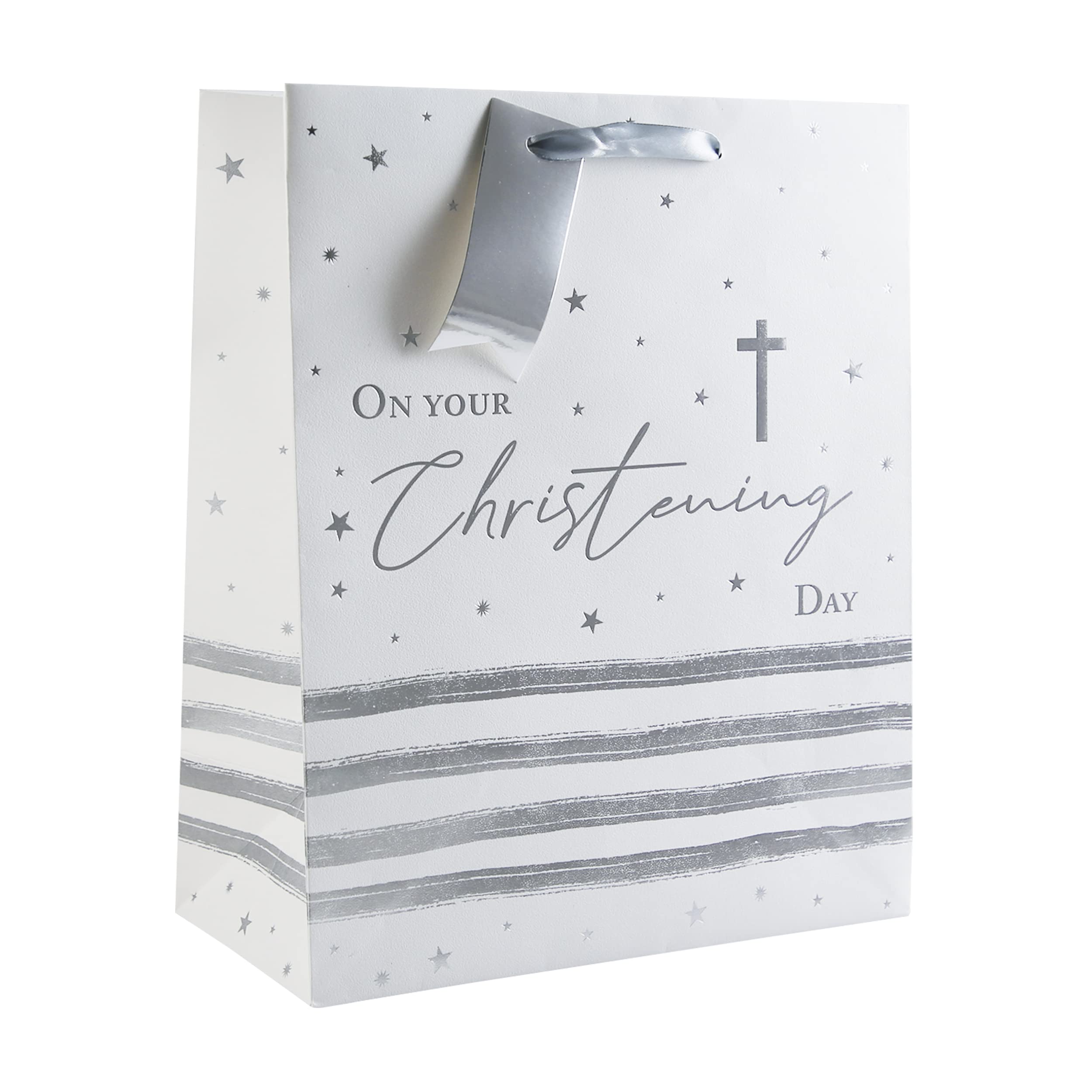 Large Christening Gift Bag White with Silver Foil Cross Unisex Girl Boy 13x10.25