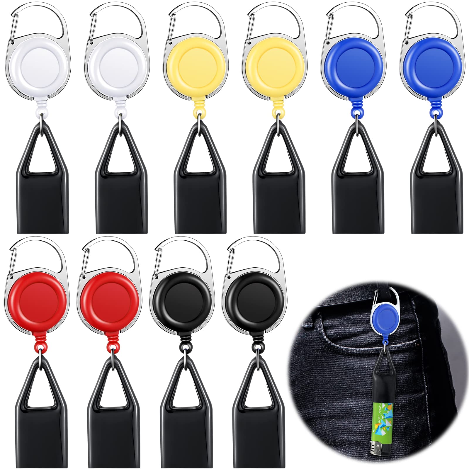 Photo 1 of 10 Pieces Retractable Lighter Clip Assorted Color Lighter Holder Keychain with Classic Cover Single Clip for Convenience, Black, White, Red, Blue, Yellow