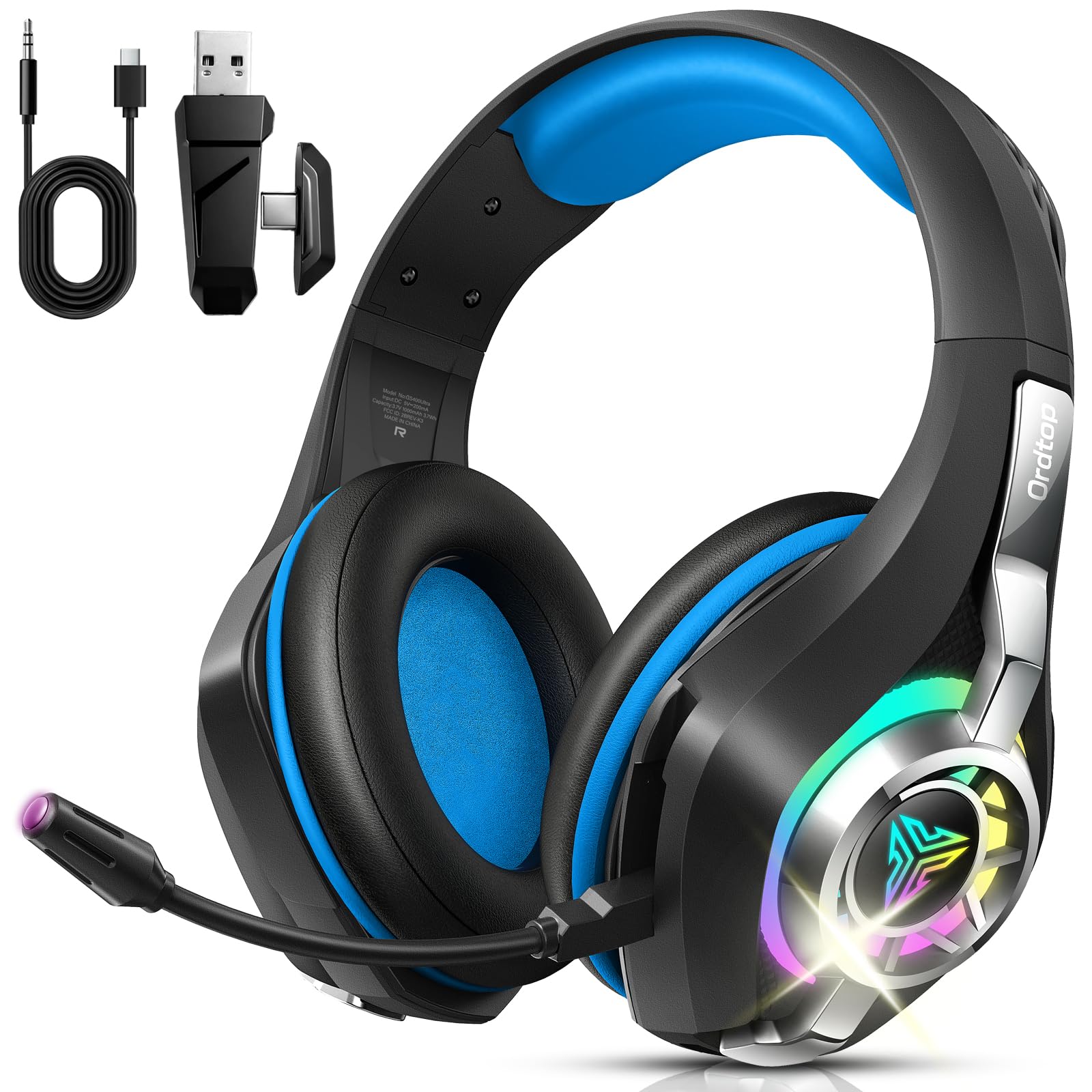 Ordtop 2.4GHz Wireless Gaming Headsets for PS5/PS4/Switch, RGB Noise Cancelling Headphones with Mics, 40mm Drivers, 45H Headphones Gaming, 7.1 Surround Sound, 276g Ultraligero, Memory Foam