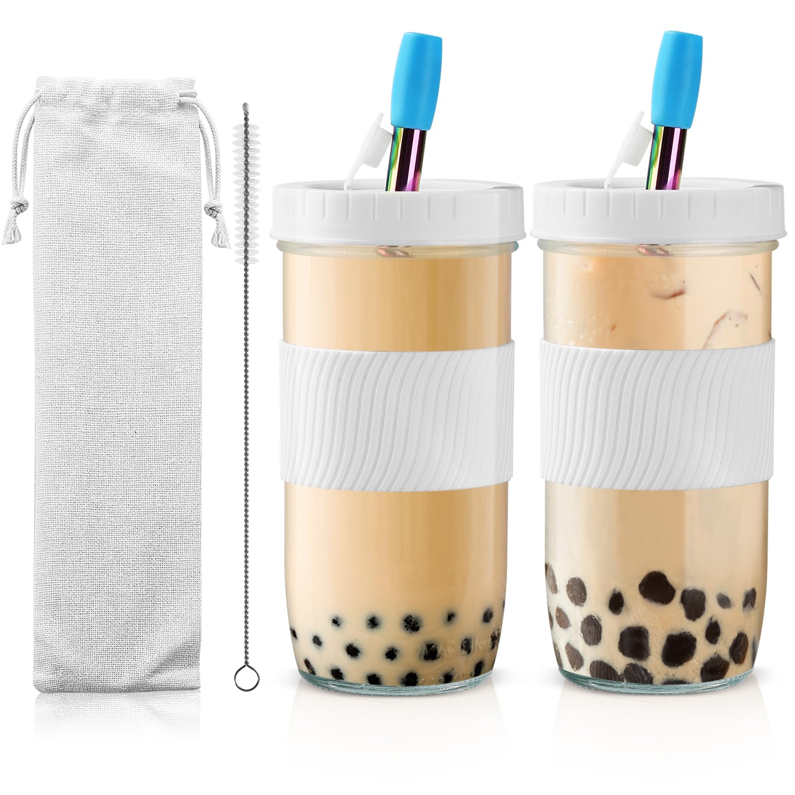 Osrioal 2 Pack Reusable Bubble Tea Cup, 730ml/24oz Wide Mouth Smoothie Cups with Lids and Straws, Iced Coffee Glass with Silicone Sleevet, Leakproof Glass Mason Jars, White