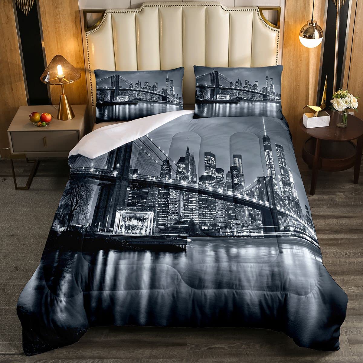 Loussiesd Brooklyn Bridge Soft Duvet Kids New York City Black and White Bedding Set Famous Town Image 3Pcs Double Size