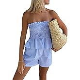 Yuemengxuan Women Shirred Top Shorts Summer Outfits Set 2 Piece Striped Pajamas Set Sleeveless Ruched Bandeau Tube Top Shorts