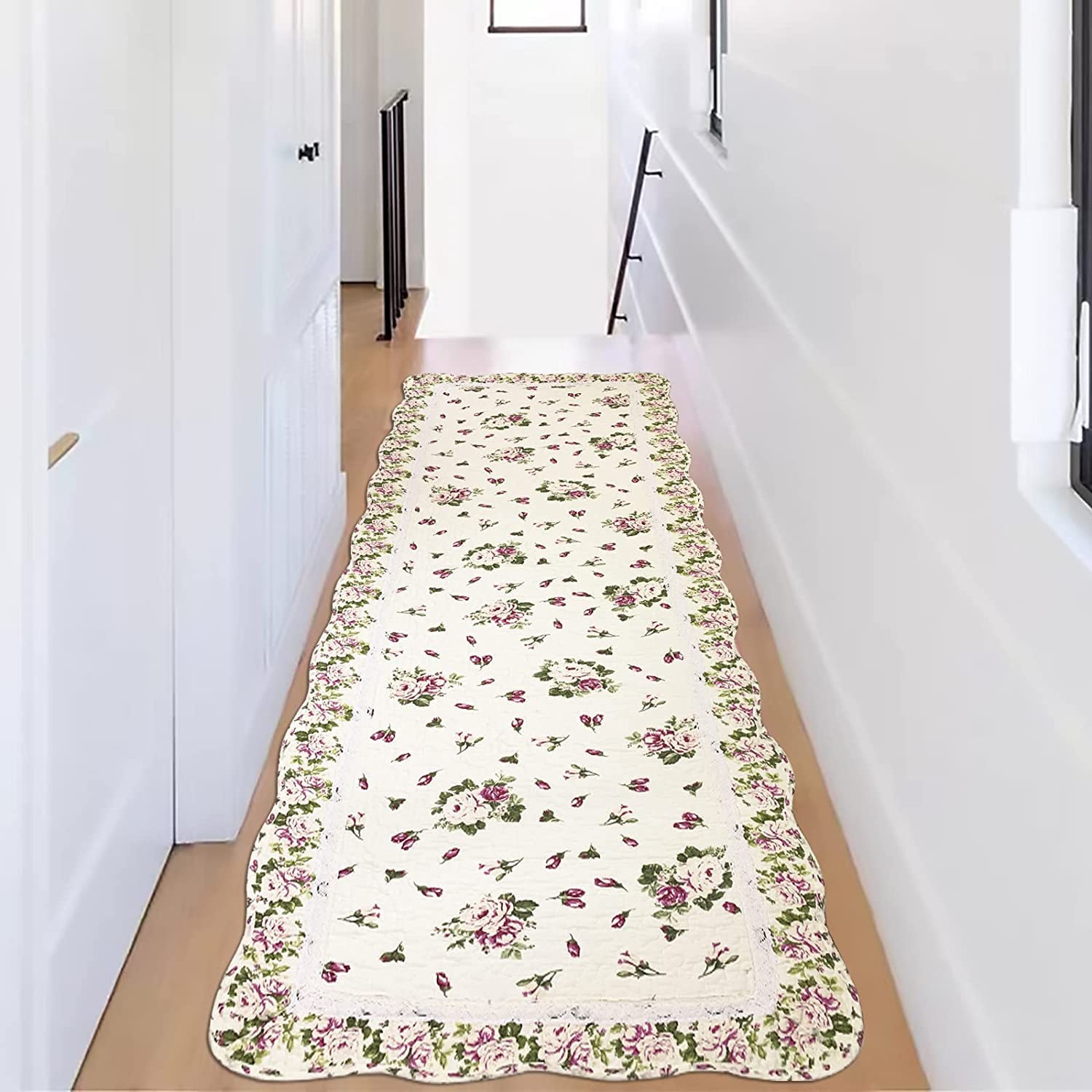 USTIDE Long Rose Rug for Bedside Rustic Pink Buds Runner Rug Quilted Cotton Area Rug for Bedroom Hallway Machine Washable and Easy Care (60X180cm)