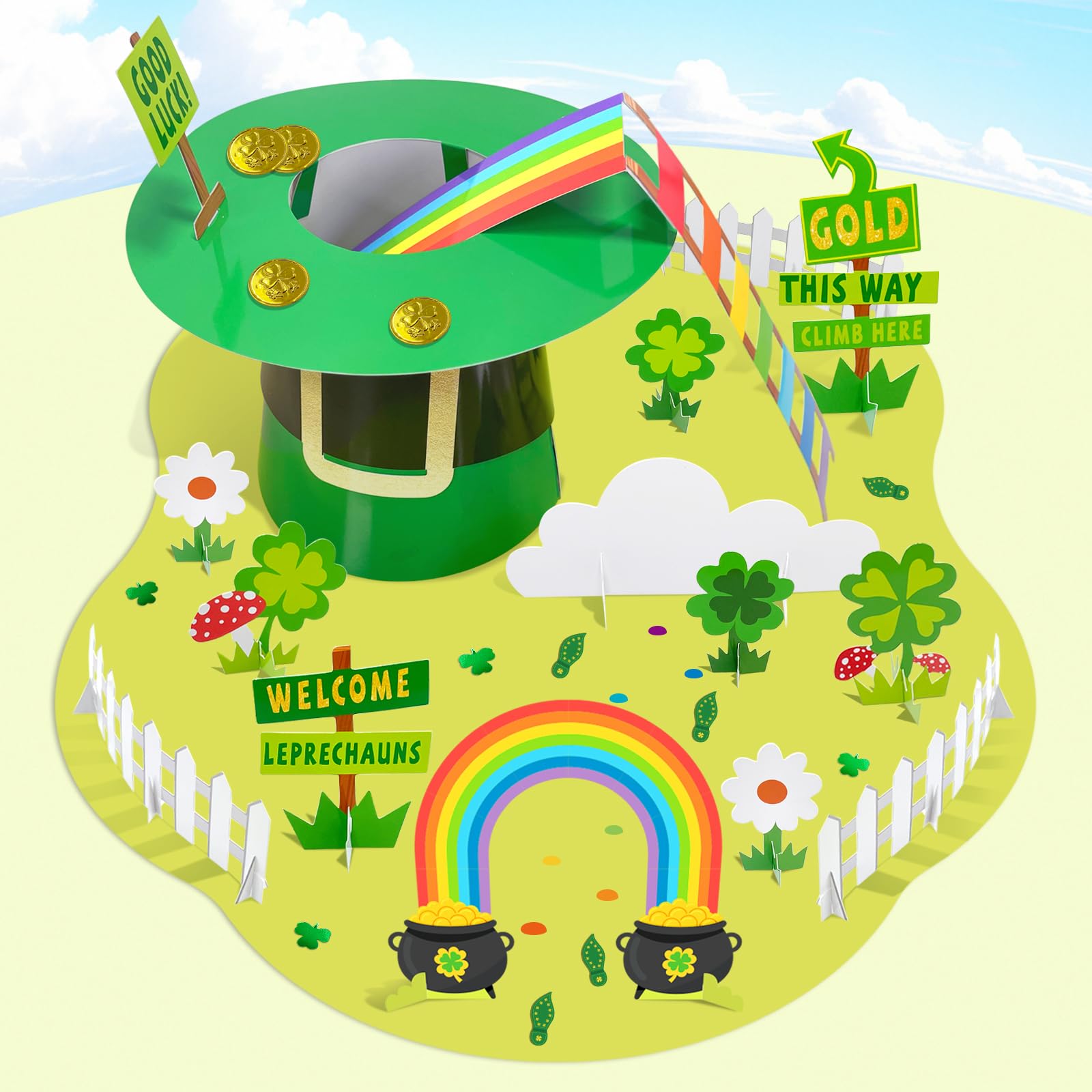 St. Patrick's Day Leprechaun Trap Kit for Kids - DIY Arts & Crafts Set with Green Hat, Rainbow Ladder, Gold Coins & Footprints - Fun School Classroom STEM Activity - Catch a Leprechaun Box Project