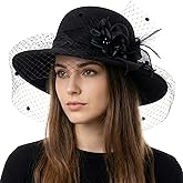 BUDUBIBI Woolen Fedora Hats for Women, Classic Flower Wide Brim Bowler Felt Top Hat with Veil Winter Church Derby Party Cap
