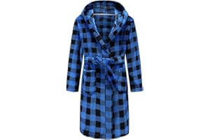E.W Apparel Boys Fleece Robe Girls Hooded Bathrobe Toddlers Soft Fuzzy Robe for Kids(Blue Plaid,11-12 Years)