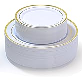 ROCOHANTI 100 PCS Gold Plastic Plates, White and Gold Plastic Plates Include 50 Dinner Plate and 50 Dessert Plate Perfect for Holiday, Party & Wedding