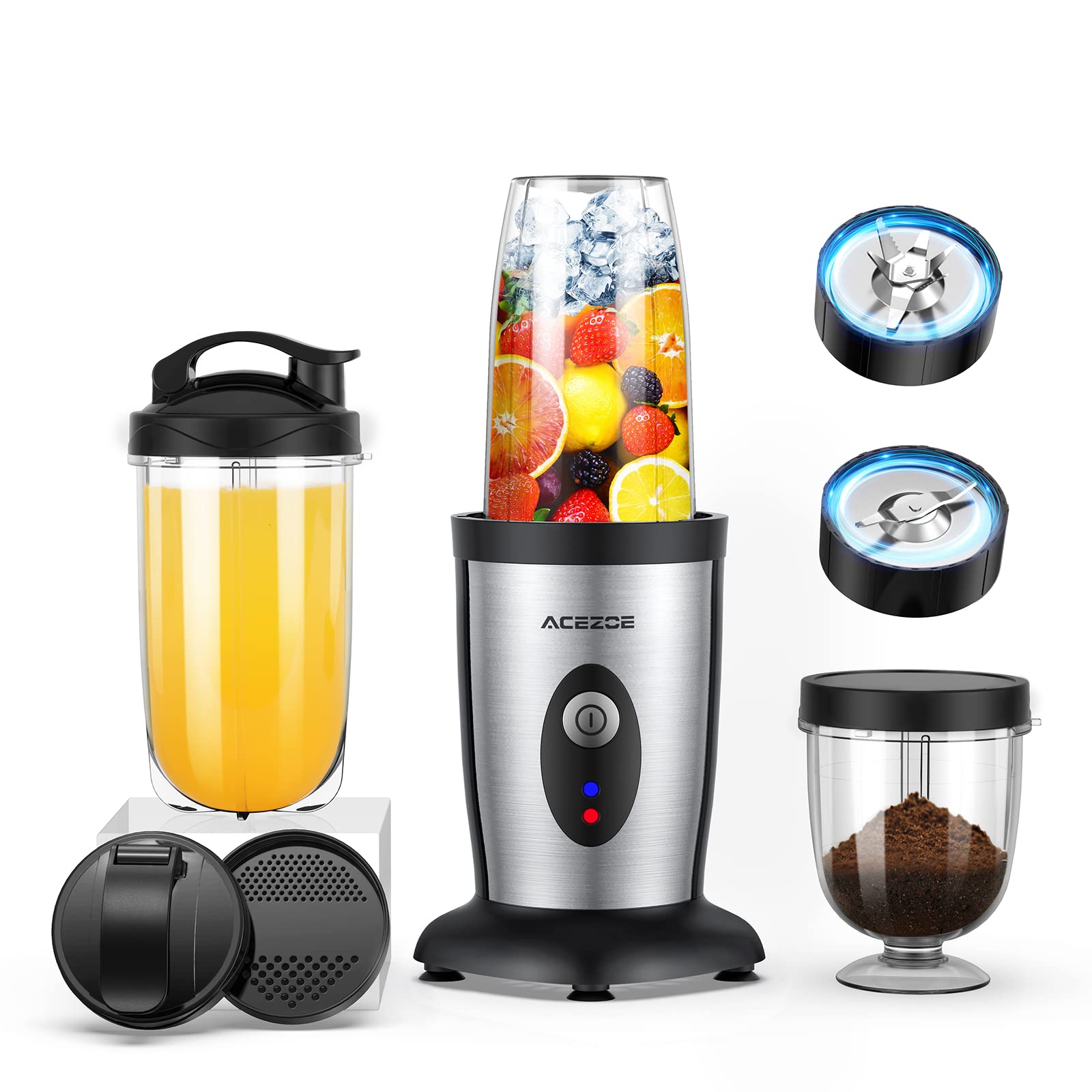 Acezoe 850W Personal Blender for Shakes and Smoothies, 5 in 1 Blenders for Kitchen, with 6 fins Blade, 2x500ml Portable Bottle, 1 Grinding Cup, for Fruit, Juice, Vegatable, Easy to Clean-Silver