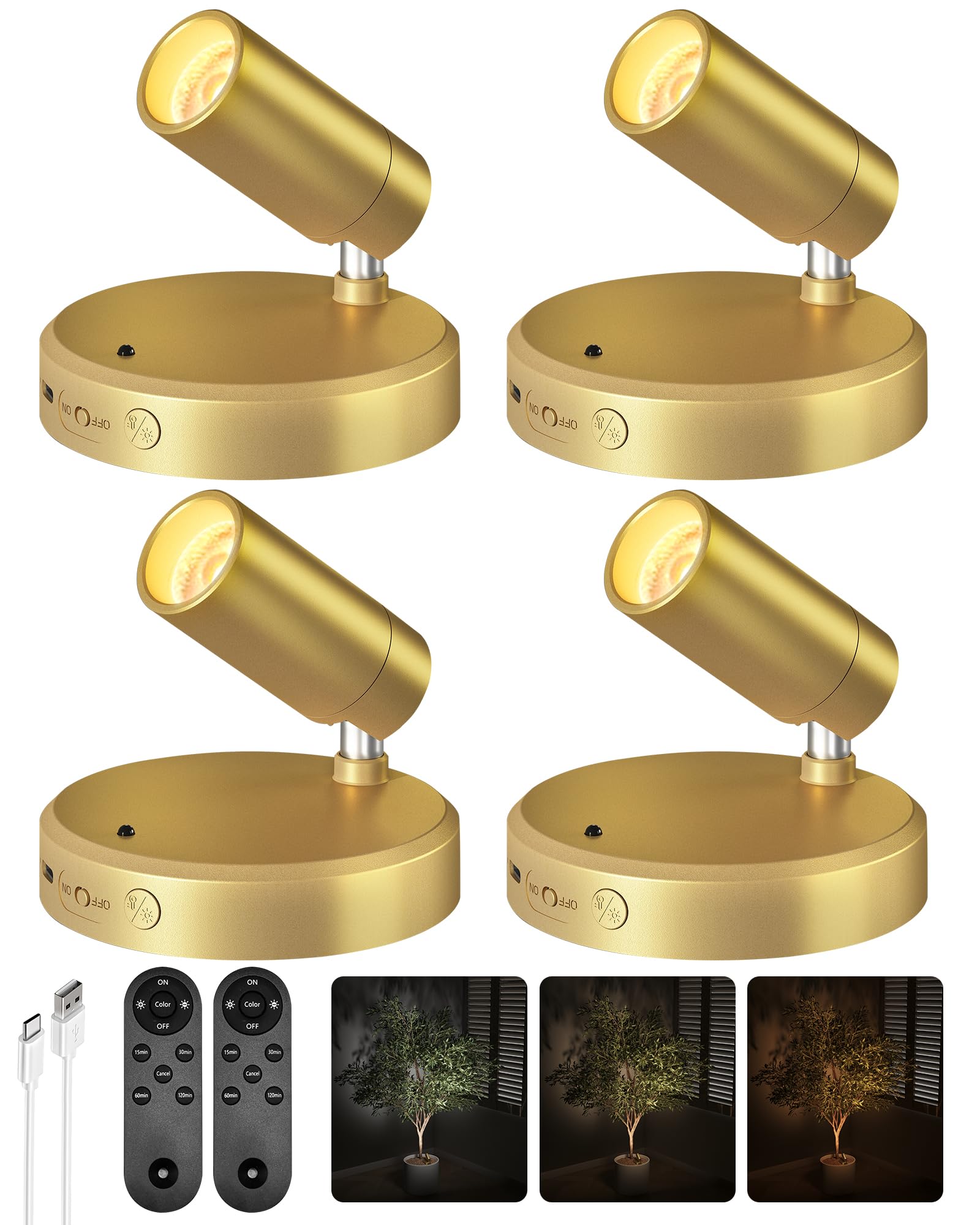 Photo 1 of EZVALO LED Spotlight Indoor, 5500mAh Rechargeable Battery Uplighting Indoor, Wireless Mini Art Accent Spot Lights with Remote, for Plants Display Painting Dartboard Artwork Portrait Closet(4Pack-Gold)