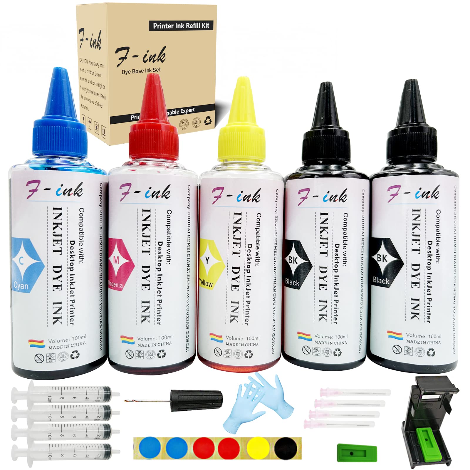 F-ink 5x100ml Bottles Ink and Ink Refill Kits Compatible with Hp Ink Cartridge 304 302 650 62 652 300 301 304XL 652XL 300XL 650XL 302XL 62XL 301XL-with Recharge Tools