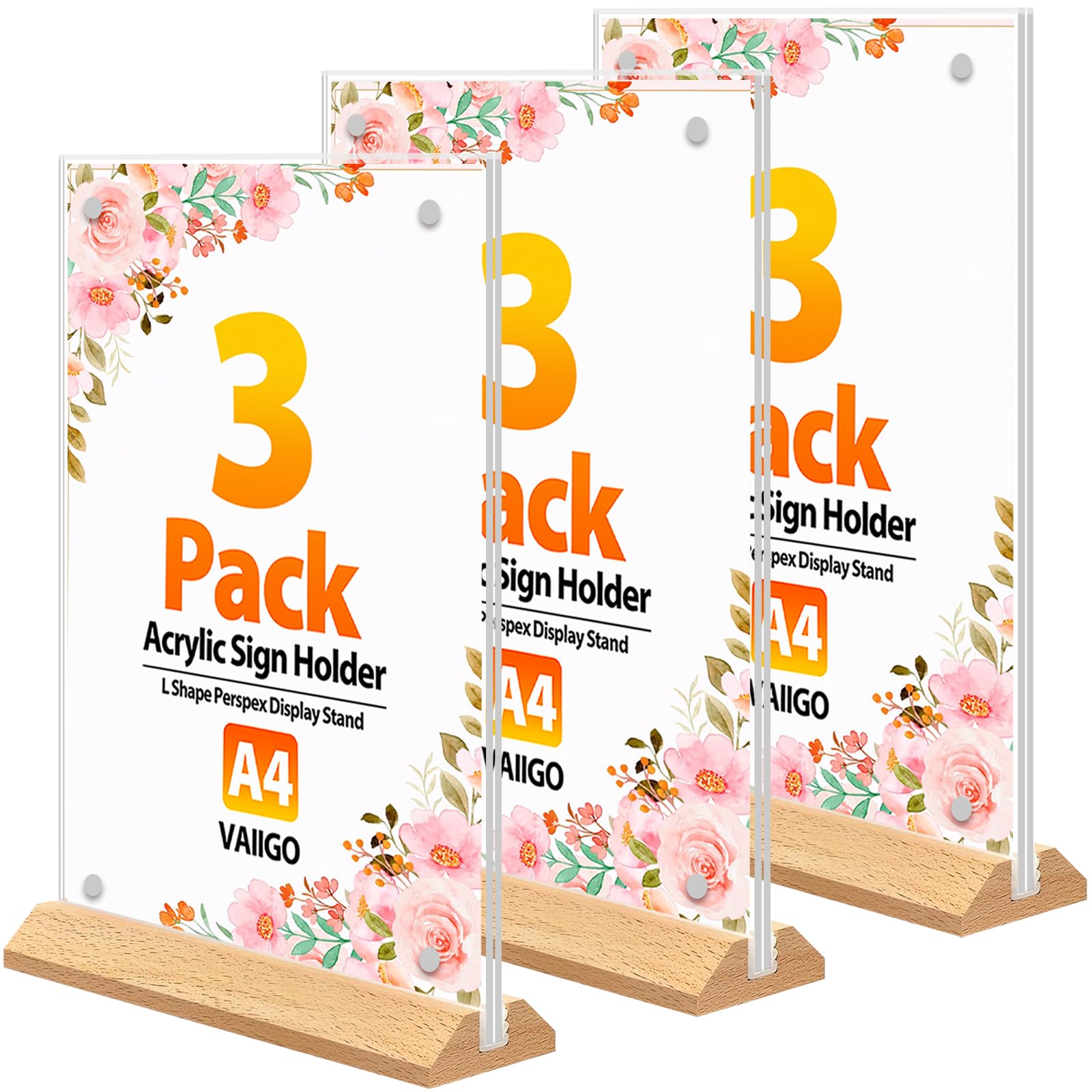 VAIIGO A4 Acrylic Sign Holder 3Pack Poster Menu Holders for Tables, Double Sided Perspex Display Stand with 4 Magnetic Buckles Sign Holder for Restaurant, Bar, Hotel, Office, Store Counter Sign Holder