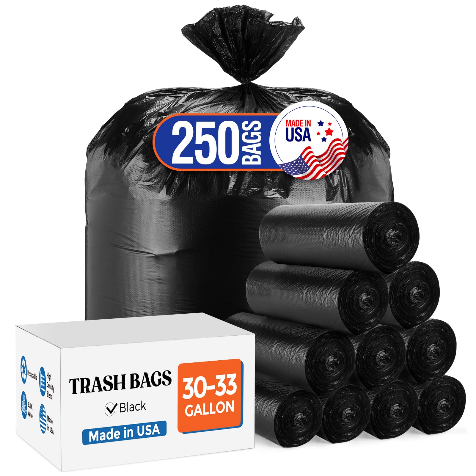 Photo 1 of Delxo 30-33 Gallon Black Trash Bags, 250 Count – Medium Duty Garbage Bags, Thick, Durable & Puncture-Resistant Plastic Bolsas para basura, Perforated Design– Made in USA for Kitchen, Yard, Office