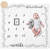 Pondering Pine Organic Baby Monthly Milestone Blanket Boy or Girl - Months Blanket with Wood Frame and Newborn Announcement Disc - Growth Chart for 1-12 Month Milestones, Gender Neutral, 47”x47”