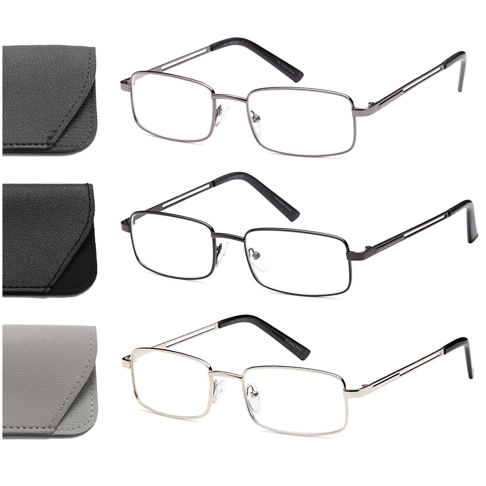 Hubeye 3 Pairs Metal Reading Glasses Rectangular Frame Stainless Steel Material Spring Hinged Anti Blue Light Computer Reader with Glasses holster 3.50