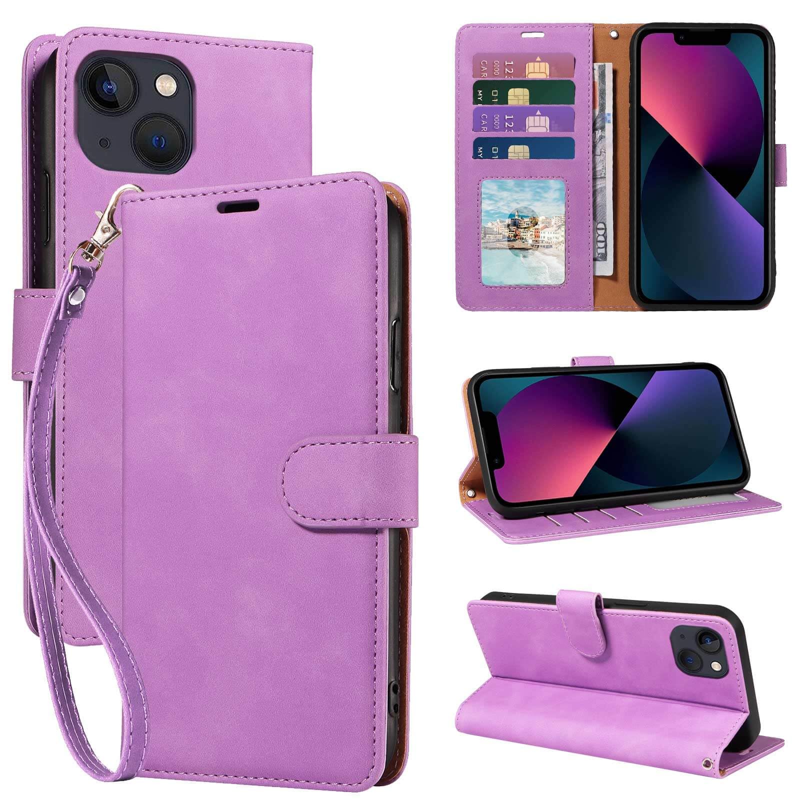 GOTOURED for iPhone 13 Wallet Case, [RFID Blocking 4 Card Slots] [Wrist Strap] [Kickstand] [Magnetic Closure] Shockproof Protective Soft Leather for iPhone 13 Cover Flip Cases (Purple)