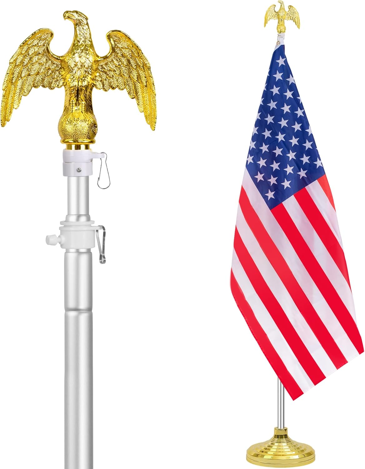 Flagpole Hardware - 8FT Indoor Flag Pole Kit, Heavy Duty Telescoping Indoor Flagpole with Base, Golden Eagle Topper, 3x5FT American Flag, Aluminum Telescopic Indoor Flag Poles and Stand Great for Office School City Hall