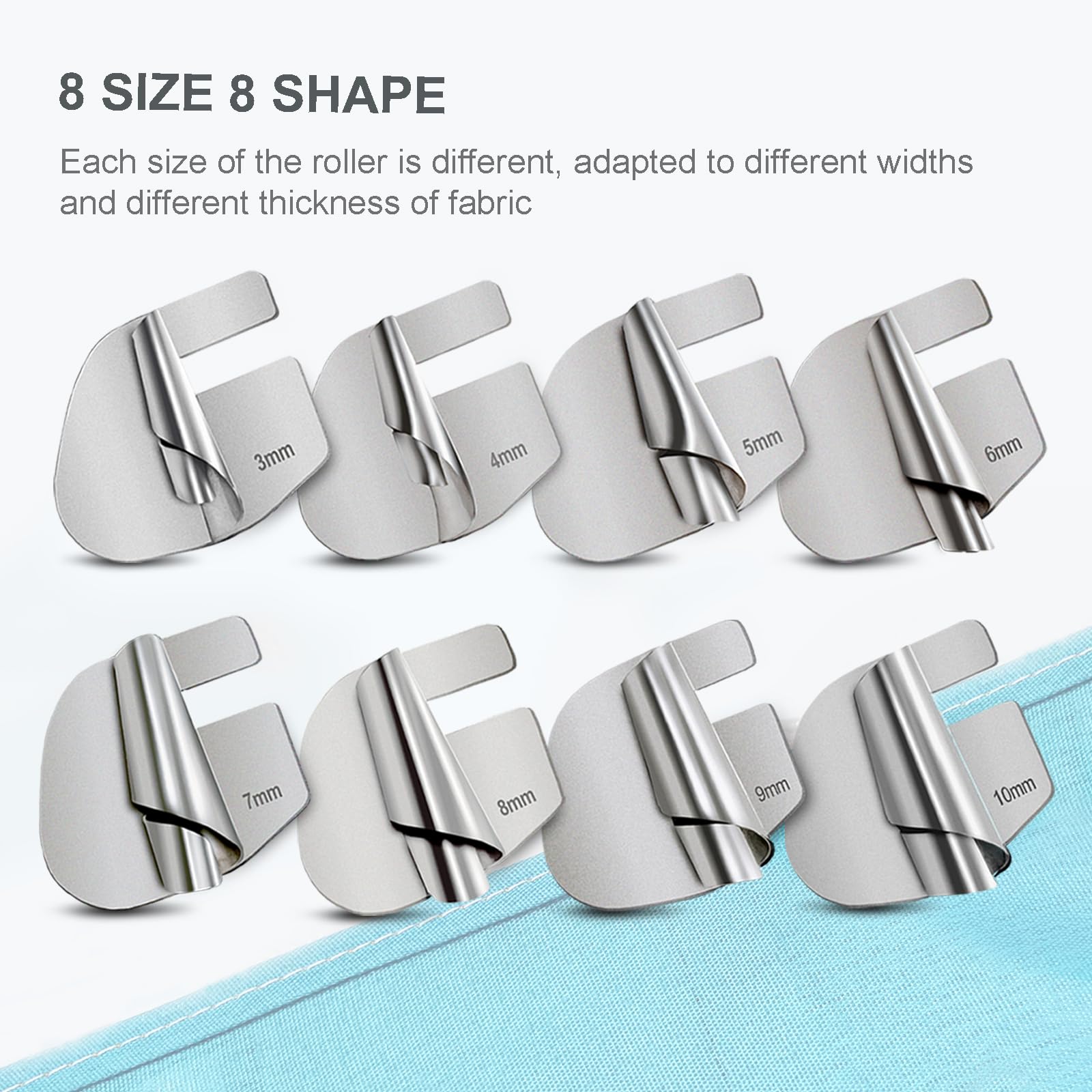 8Pcs Sewing Rolled Hemmer Foot, 3-10mm Rolled Hem Presser Foot Set for Sewing Machine Accessories, Curved Scroll Hemmer Upgrade Presser Feet Sewing Supplies for Home Industrial