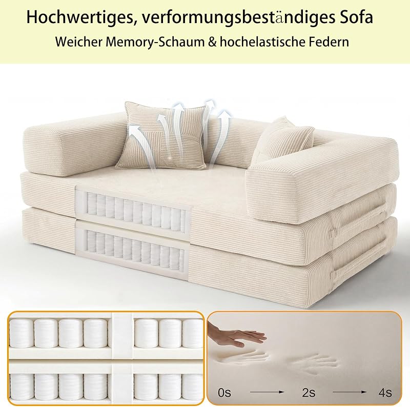 200cm Modulares Sofa, aus Hochwertiges Cord mit Hochdichter Schaumstoff, 5-in-1 Umwandelbares Vielseitig 3-Sitzer Schlafsofa für das Wohnung, Weiß