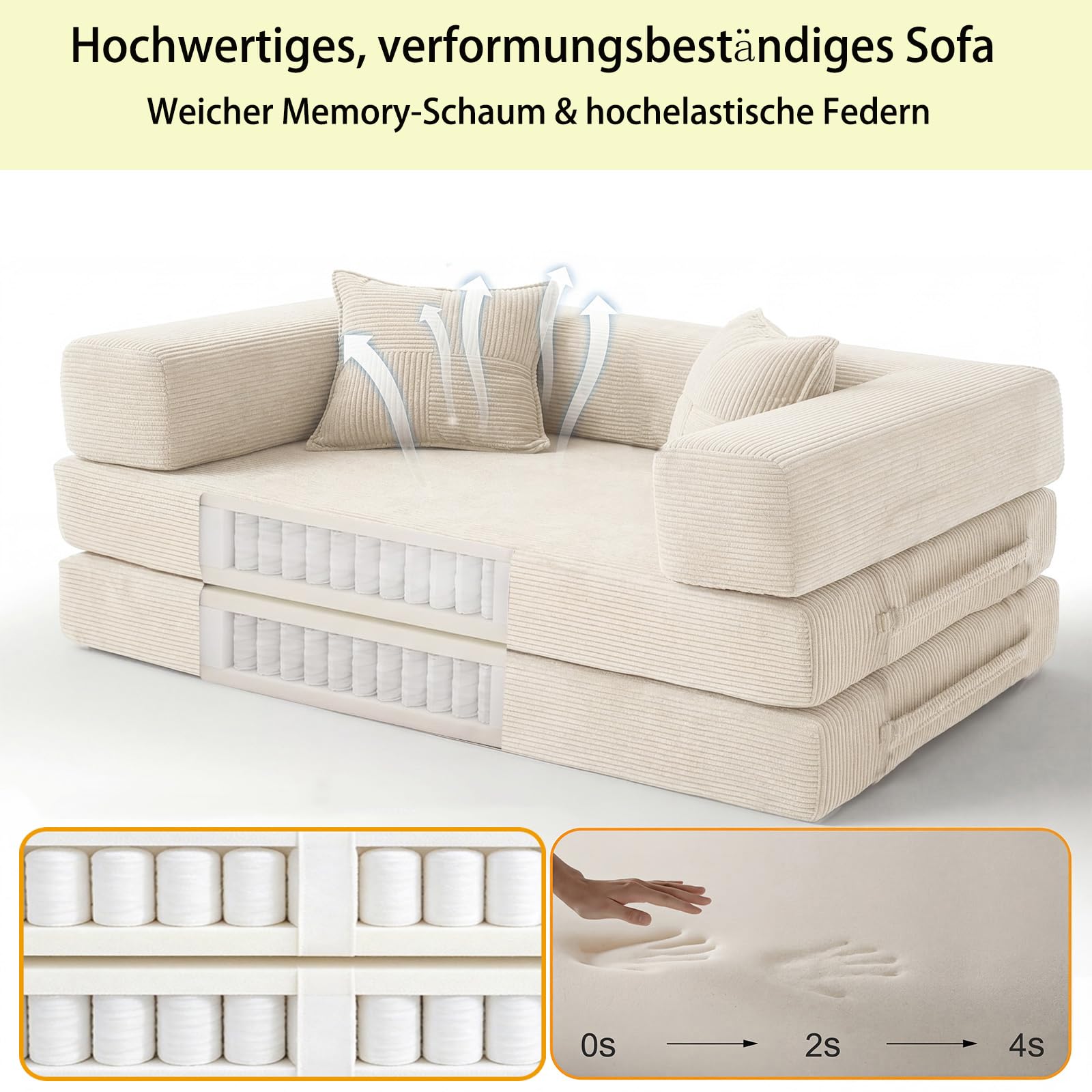 200cm Modulares Sofa, aus Hochwertiges Cord mit Hochdichter Schaumstoff, 5-in-1 Umwandelbares Vielseitig 3-Sitzer Schlafsofa für das Wohnung, Weiß