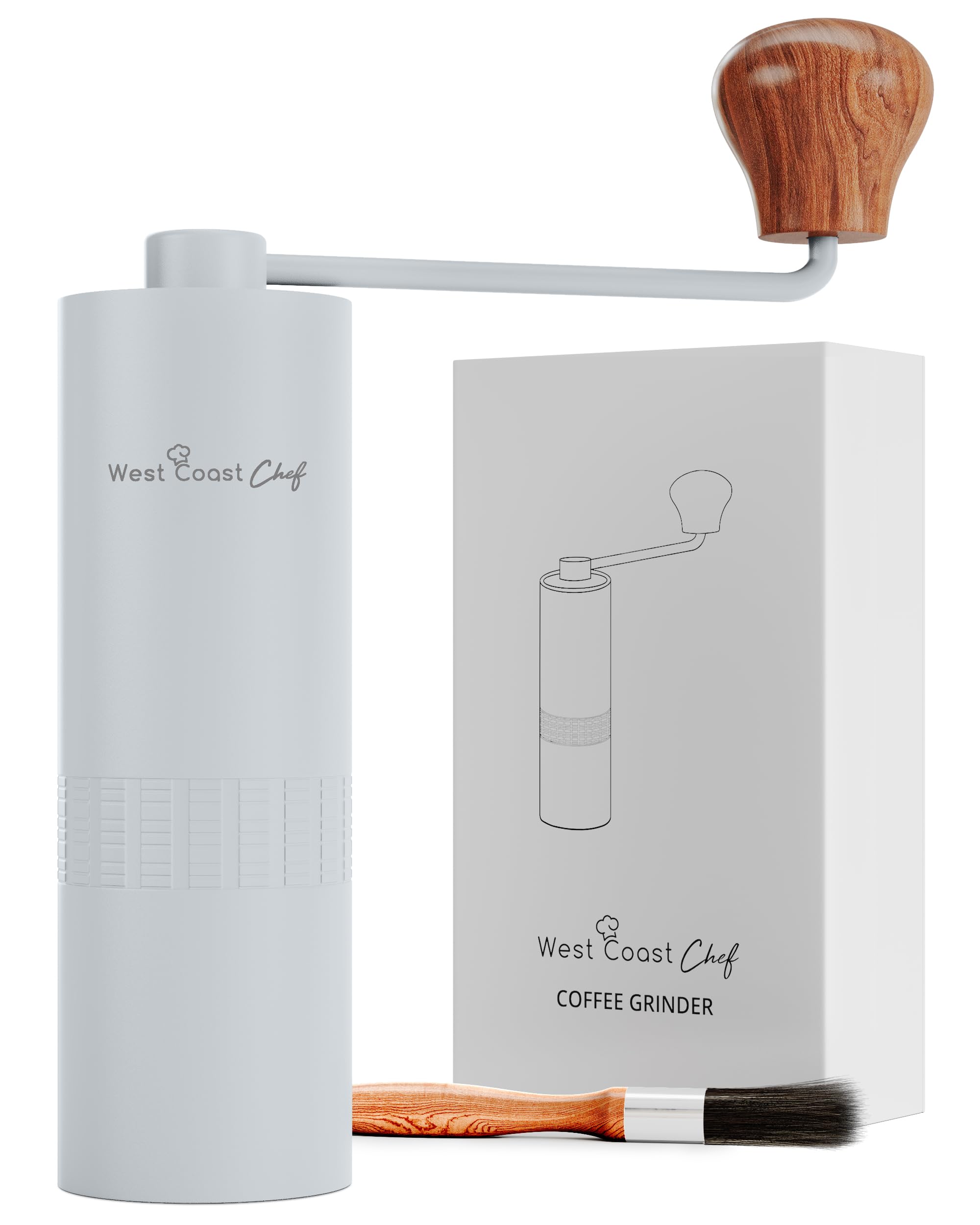 West Coast Chef Manual Coffee Grinder - Manual Burr Grinder, Portable Coffee Grinder Manual - Espresso Hand Grinder Coffee - Manual Coffee Bean Grinder - Travel Coffee Grinder Hand (White)