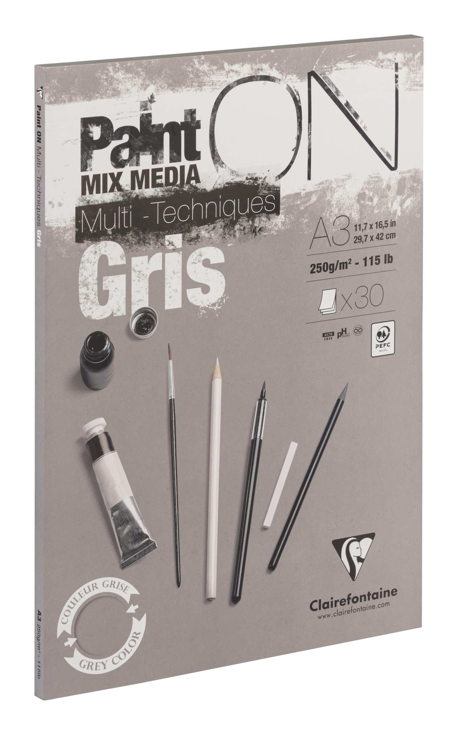 Clairefontaine - Ref 975810C - Paint'ON Multi-Technique Grey Glued Paper Pad (30 Sheets) - A3 Size, 250gsm Heavyweight Paper, Slight Rough Grain, Acid Free, pH Neutral