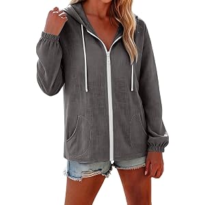 YVRODKL Lightweight Hoodies for Women Fall Athletic Jacket with Pocket | Linen Zip Up Long Sleeve Hooded Sweatshirt, Cooling