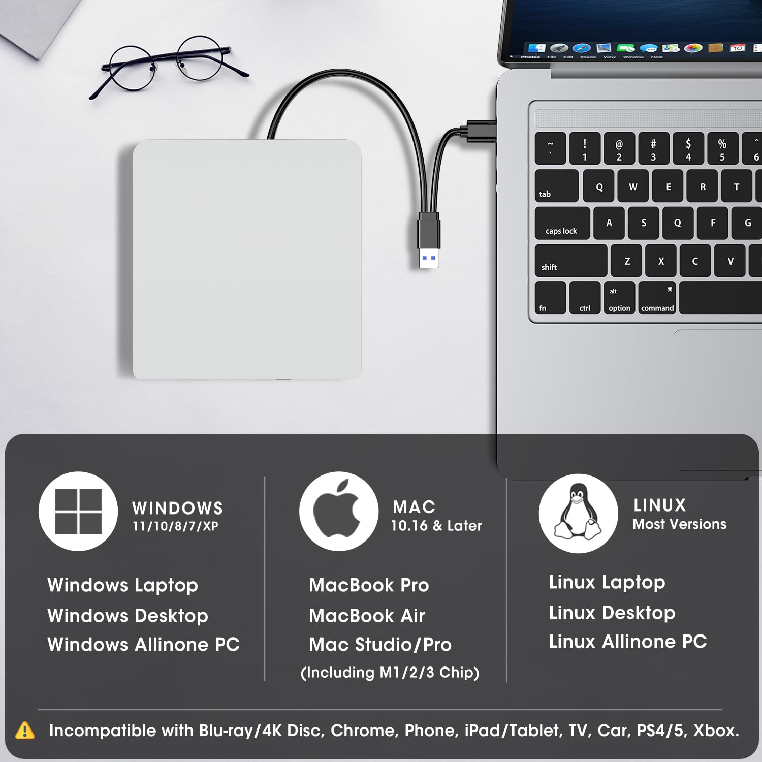 ROOFULL External CD DVD Drive for Mac Laptop, USB 3.0 & USB-C CD DVD Reader Writer Burner Player ROM/RW Portable Optical Disc Drive for Apple MacBook Pro, iMac, Windows 11/10/8/7 Computer PC, White