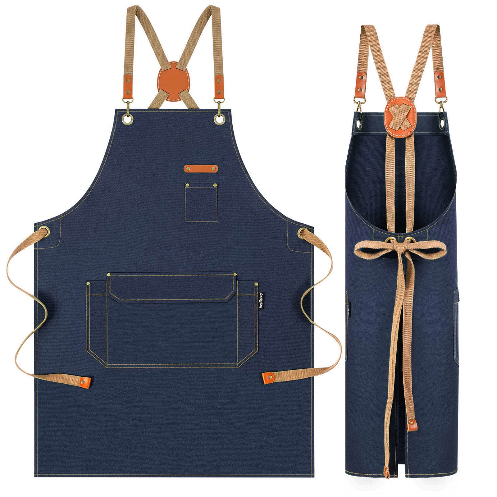 Genixart Chef Apron for Men Women with Pockets - Cross Back Kitchen Apron Cooking, Baking, BBQ, Art Painting - Cotton Canvas Work Aprons for Gardening, Restaurant, Cafe, Bar, Shop (1, Blue)