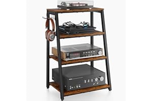 X-COSRACK 4-Tier AV Media Stand with 2 Hooks,Heavy Duty Stereo Cabinet Furniture-Large Stereo Rack and Game Console Stand,Wooden Record Player Stand,Audio Stand Perfect for DVD Players/Game Console/TV Box/Xbox