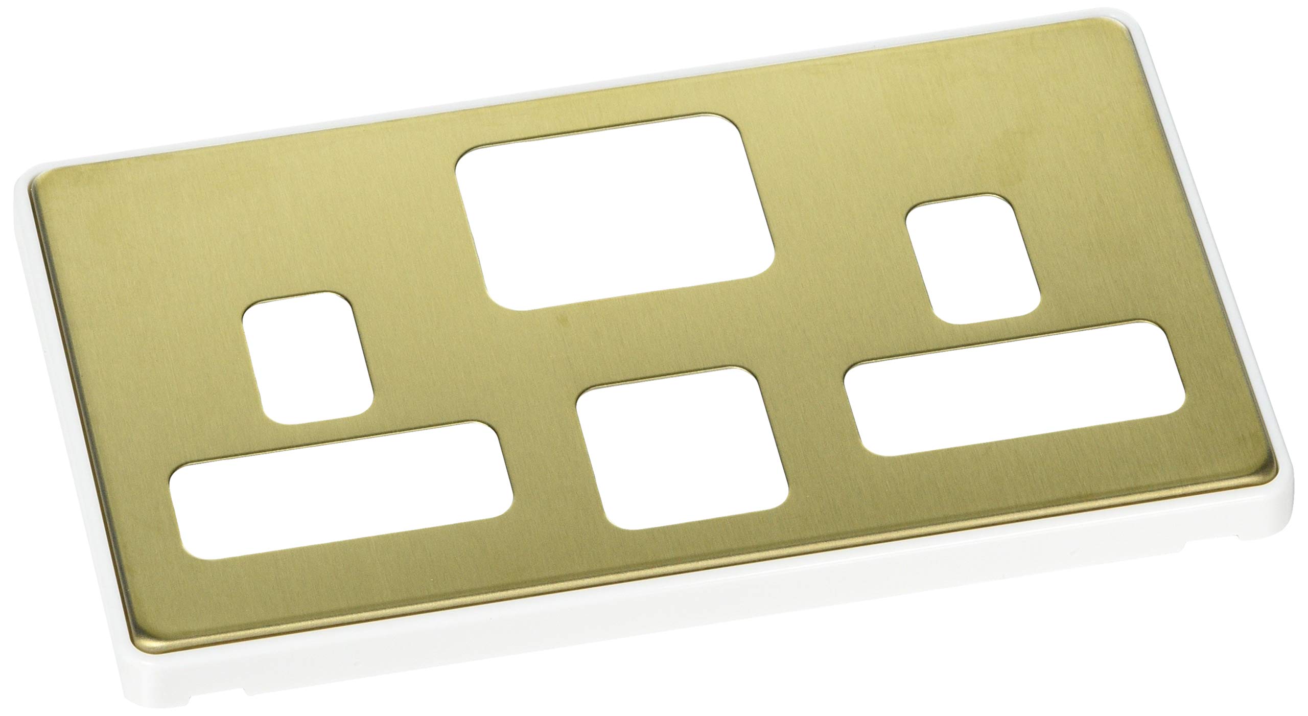 MK Dimensions 2 Gang 13A USB DP Dual Earth Switch Socket Satin Brass Finish Frontplate with a White Trim