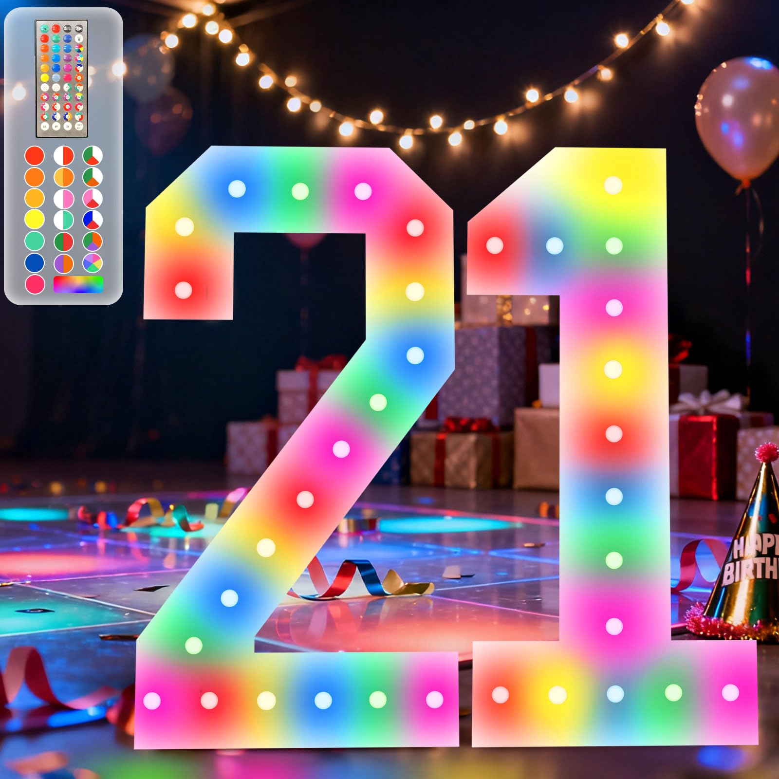 Photo 1 of 4FT Marquee Light Up Numbers, 34 Colors Changing Marquee Numbers with Remote,Water Bag, 4FT Light Up Numbers for 21st Birthday Party Decorations Backdrop Anniversary Decor, Large Number 21