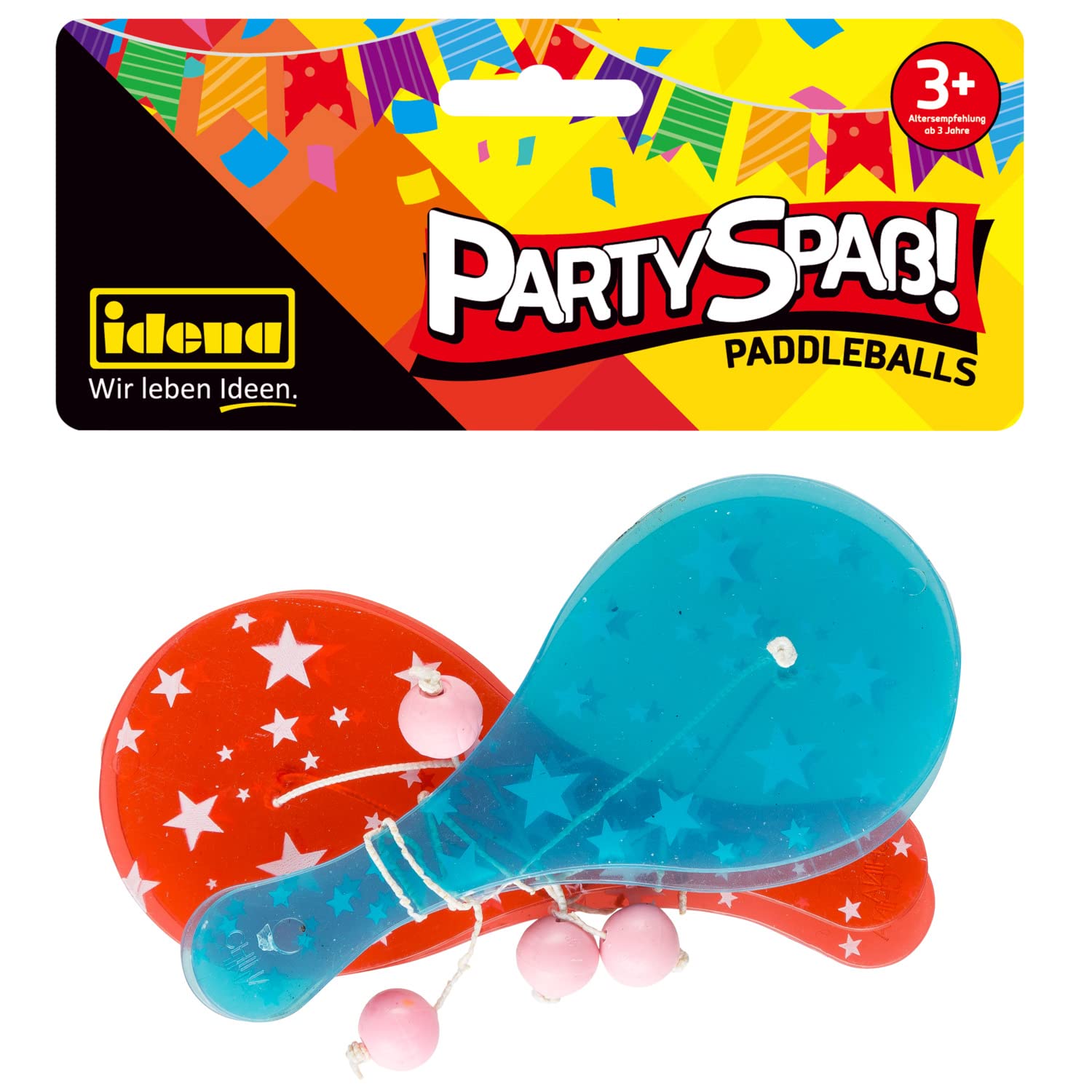 Idena 40435 Party Fun Paddle, Pack of 4, with Plastic Bats in Red and Blue and One Pink Ball, Size Approx. 12.5 x 5.5 cm