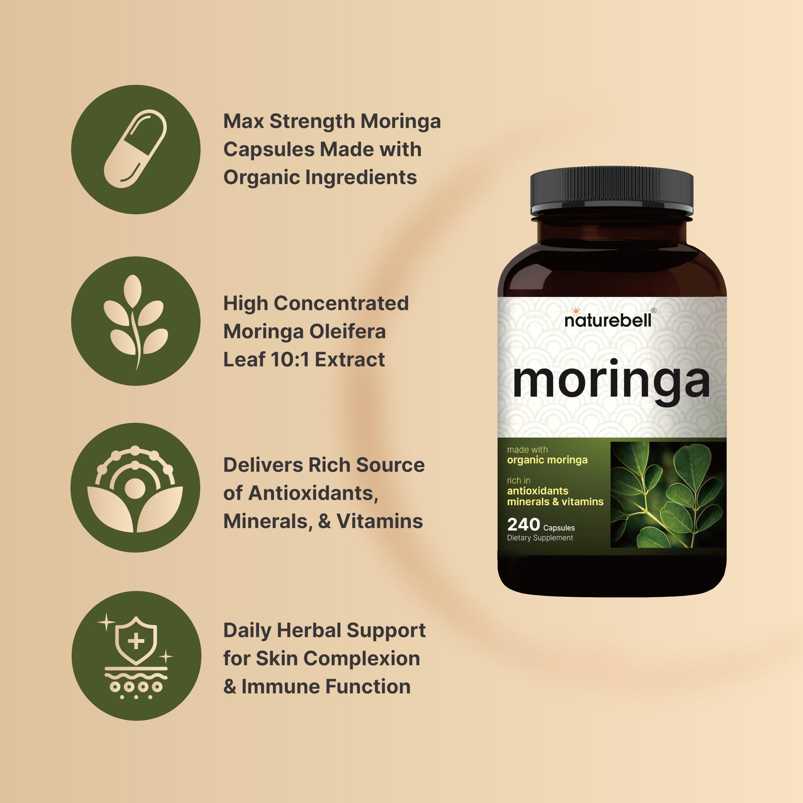 NatureBell Pure Moringa Capsules 8,000mg Per Serving | Made with Moringa Powder Organic, 240 Capsules – Green Superfood, Skin Health, & Immune Support – Non-GMO, Gluten Free, 4 Month Supply