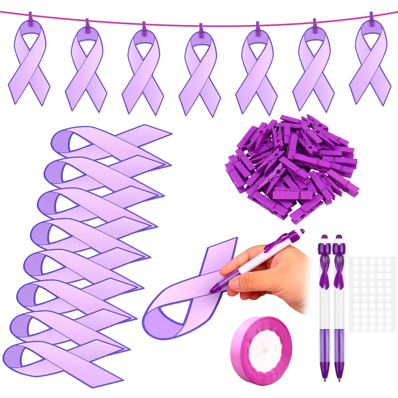 Photo 1 of ***ONL;Y LTEIWFPE 150 Pcs Overdose Awareness Purple Ribbon Cutouts with 2 Ballpoint Pens 150 Wooden Clips Lymphoma Domestic Violence Alzheimers Awareness for Charity Fundraiser Party Supplies