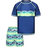 Boys Rash Guard Swimsuits Set for Boys Short Sleeve Swim Shirts with Trunks 2 Piece Quick Dry Swim Set Navy Gradiemt Fantasy Size 16/14-16 Years