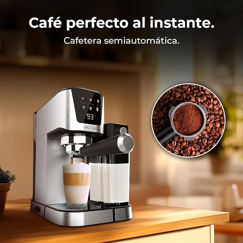 Cecotec Semi-automático Power Espresso 20 Cream Coffee Maker, 20 Bares, Aquecimento Thermoblock, Adequado para Café Moído, Espresso, Cappuccino e Latte, Touch Screen, Tanque de Leite de 700ml e 1L de Água