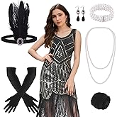 FEPITO 1920s Flapper Dresses for Women, Fringed Sequin Great Gatsby Dress for Women with 20s Accessories, Roaring 20s Costume