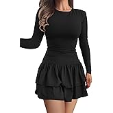 GOKATOSAU Women's Casual Long Sleeve Round Neck Bodycon Layered Tiered Ruffle Hem Mini Dress