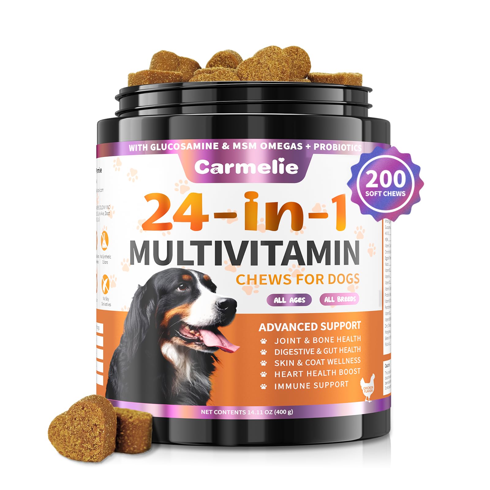 Carmelie 24 in 1 Dog Multivitamin Supplements - 200 Chewable - Senior Puppy Natural Dog Vitamins and Supplements - Hip & Joint Support, Gut & Skin Health, Immune Health, Mobility, Digestive (Chicken)