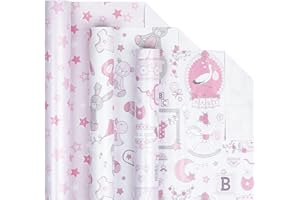 LeZakaa Baby Shower Wrapping Paper - Mini Roll - Bear Toy/Balloon, Baby/Star Print in Pink for Baby Girl - 17 x 120 inches - 3 Rolls (42.5 sq.ft.ttl.)